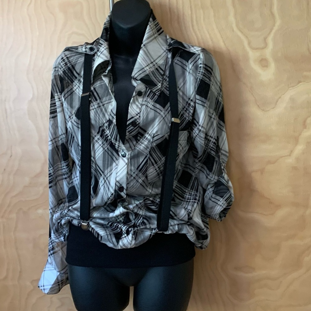 Holy.G black white top blouse plaid size 40 (S)